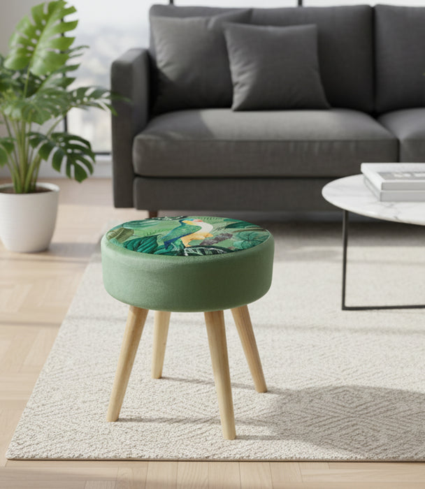 مقعد جانبي دائري نورديك مخمل أخضر برسمة طيور