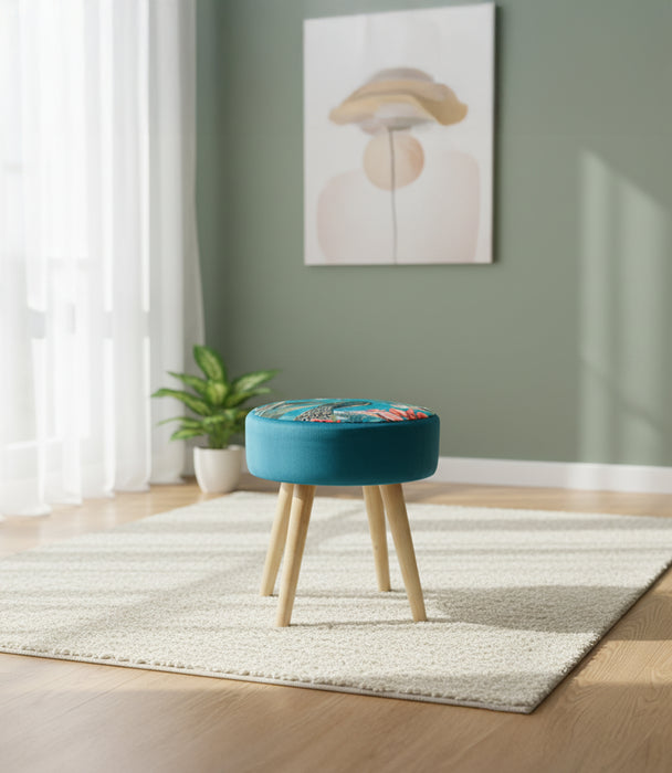 مقعد جانبي دائري نورديك مخمل أزرق برسمة طيور