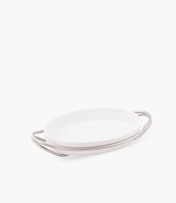 New Living Serving Dish Porcelain Oval Satin S/Steel 39x27cm