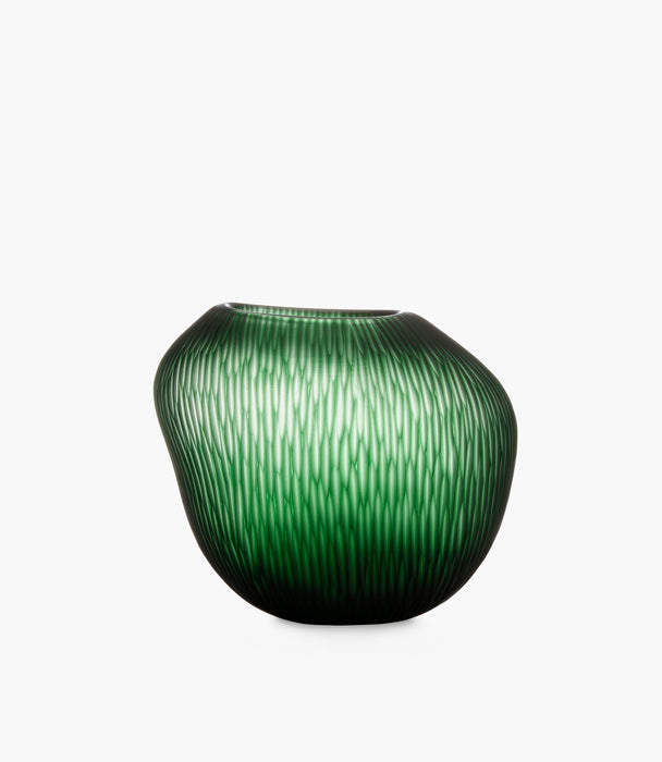 Carving Green Satin Glass Vase – Vertical Wavy Stripes, H24