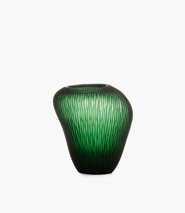 Carving Green Satin Glass Vase – Vertical Wavy Stripes, H23