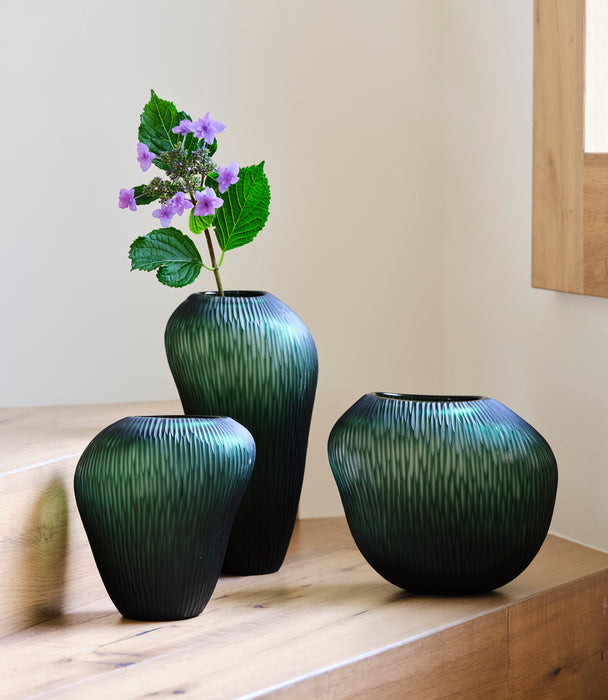 Carving Green Satin Glass Vase – Vertical Wavy Stripes, H23