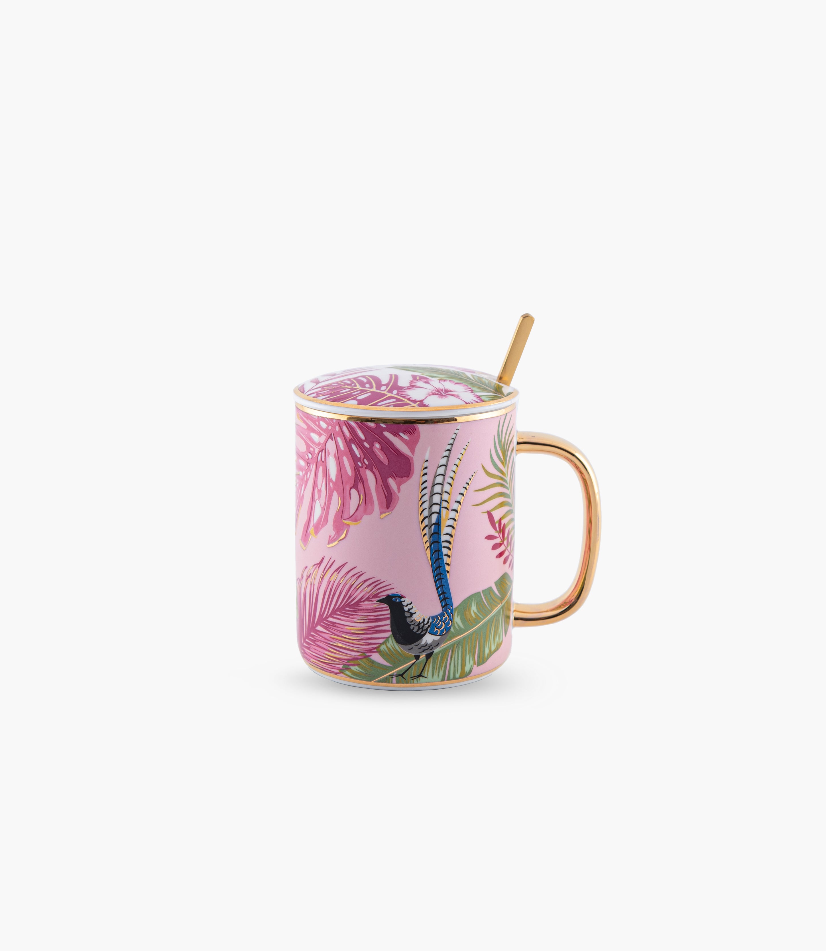 Flying Bird Ceramic Mug With Lid And Spoon 350mL Multicolour