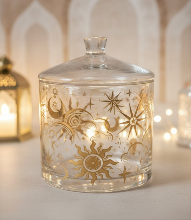 علبة حلوى سيليستيال زجاجية كبيرة بزخارف ذهبية مع غطاء