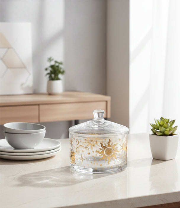 علبة حلوى سيليستيال زجاجية صغيرة بزخارف ذهبية مع غطاء