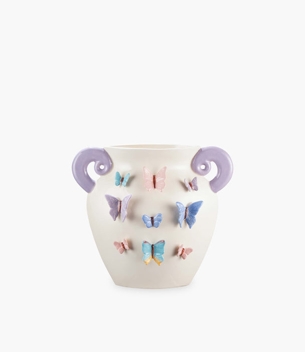 مزهرية بترفلاي سيراميك مزينة بفراشات ملونة مع مقابض منحنية