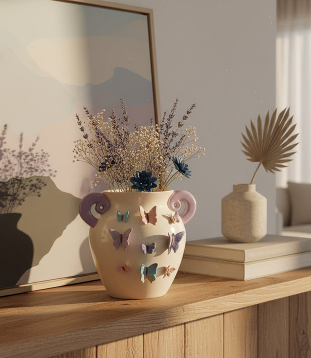 مزهرية بترفلاي سيراميك مزينة بفراشات ملونة مع مقابض منحنية