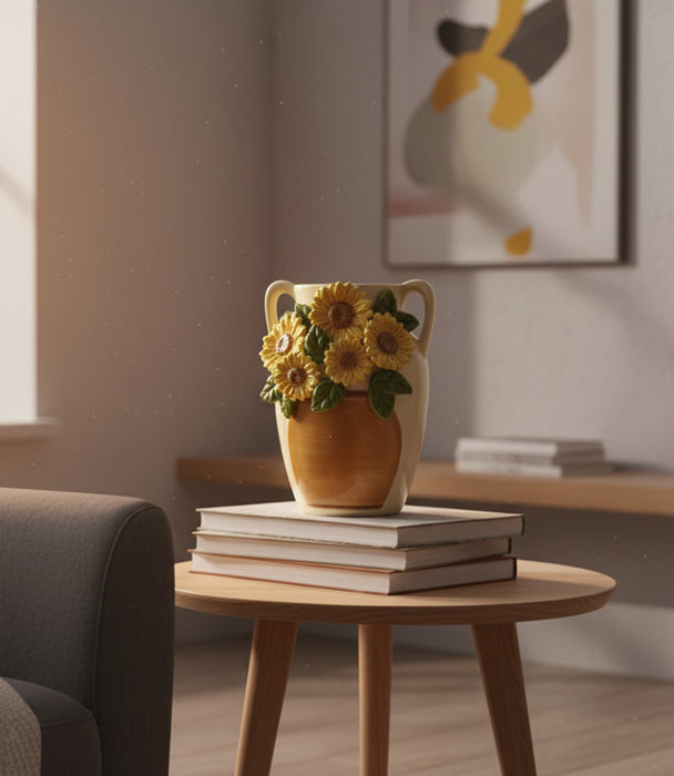 مزهرية صن فلاور سيراميك مُزيّنة بزهور دوار الشمس مع مقابض