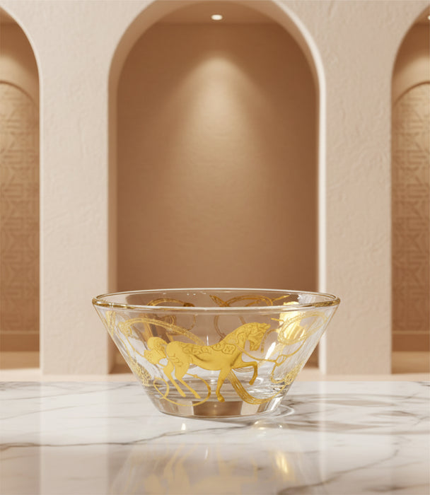 وعاء إيكواين زجاجي شفاف بزخارف ورسوم خيول ذهبية