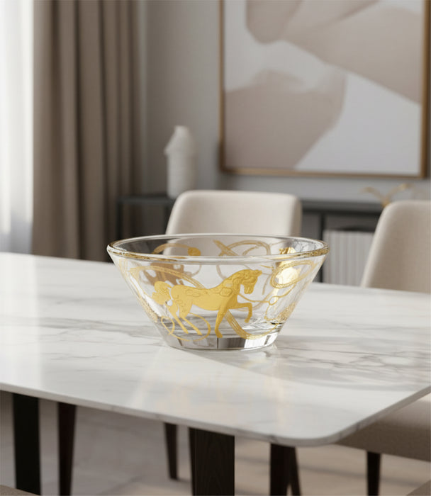 وعاء إيكواين زجاجي شفاف بزخارف ورسوم خيول ذهبية