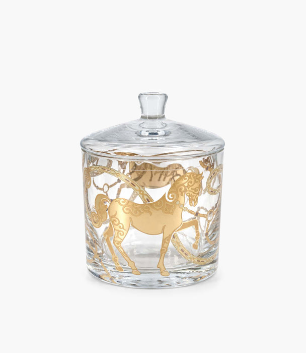 علبة حلوى إيكواين زجاجية كبيرة برسمة خيول ذهبية مع غطاء