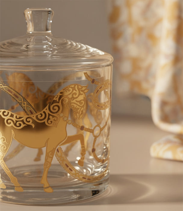 علبة حلوى إيكواين زجاجية كبيرة برسمة خيول ذهبية مع غطاء