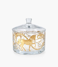 علبة حلوى إيكواين زجاجية صغيرة برسمة خيول ذهبية مع غطاء