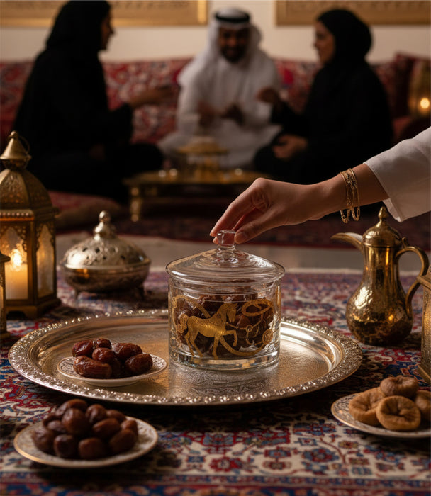 علبة حلوى إيكواين زجاجية صغيرة برسمة خيول ذهبية مع غطاء