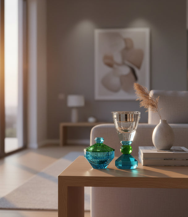 برطمان حلوى كانفاس كريستال أزرق وأخضر مع غطاء - 10×10×10.5سم