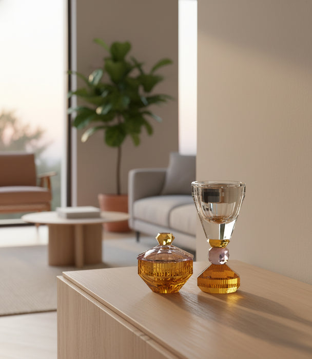 برطمان كانفاس كريستالي كهرماني ووردي مع غطاء - 10×10×10.5 سم