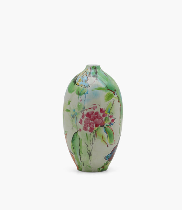 Birds On Tree Multicolor Hand Painted Round Porcelain Vase