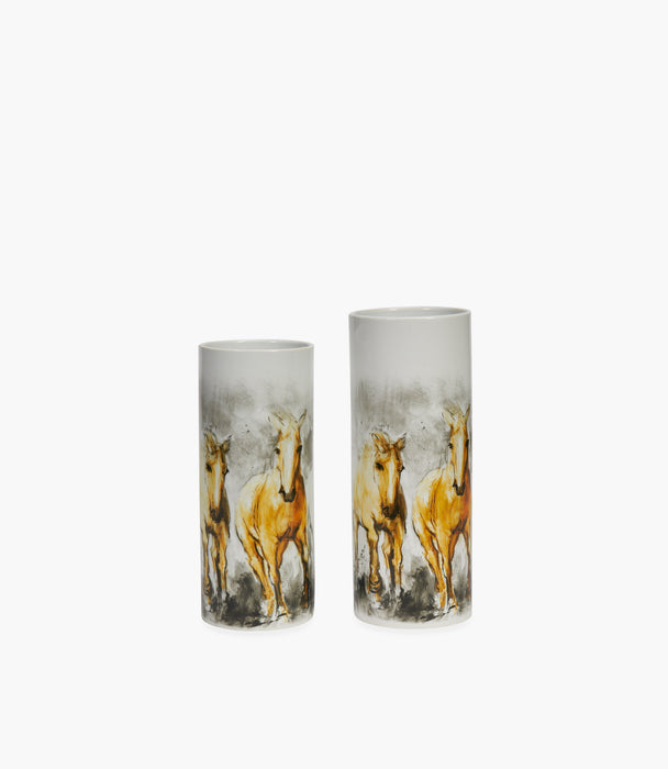 Horse Porcelain Grey & Yellow Cylinder Vase 41×16 Cm