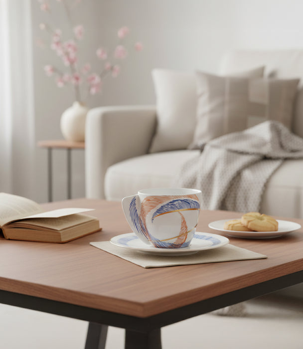 طقم فناجين شرق خزف صيني مع صحون - عدد 6