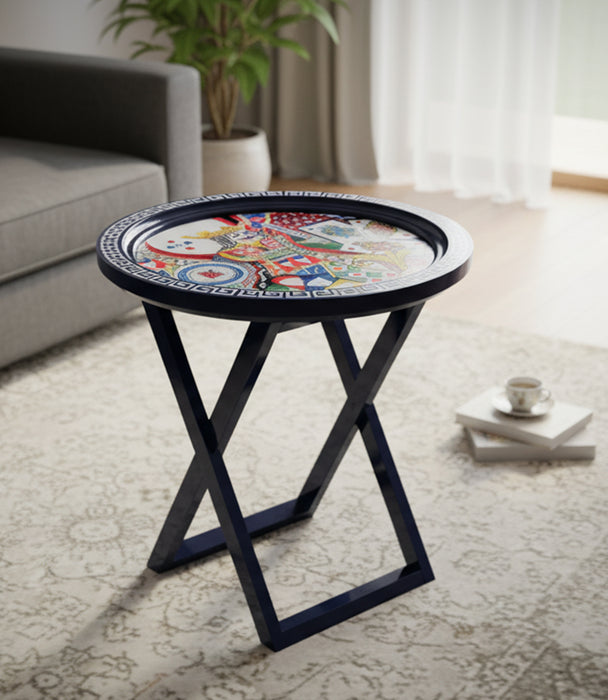 طاولة باليت خشبية زرقاء بزخارف ملونة - 58×58×65 سم