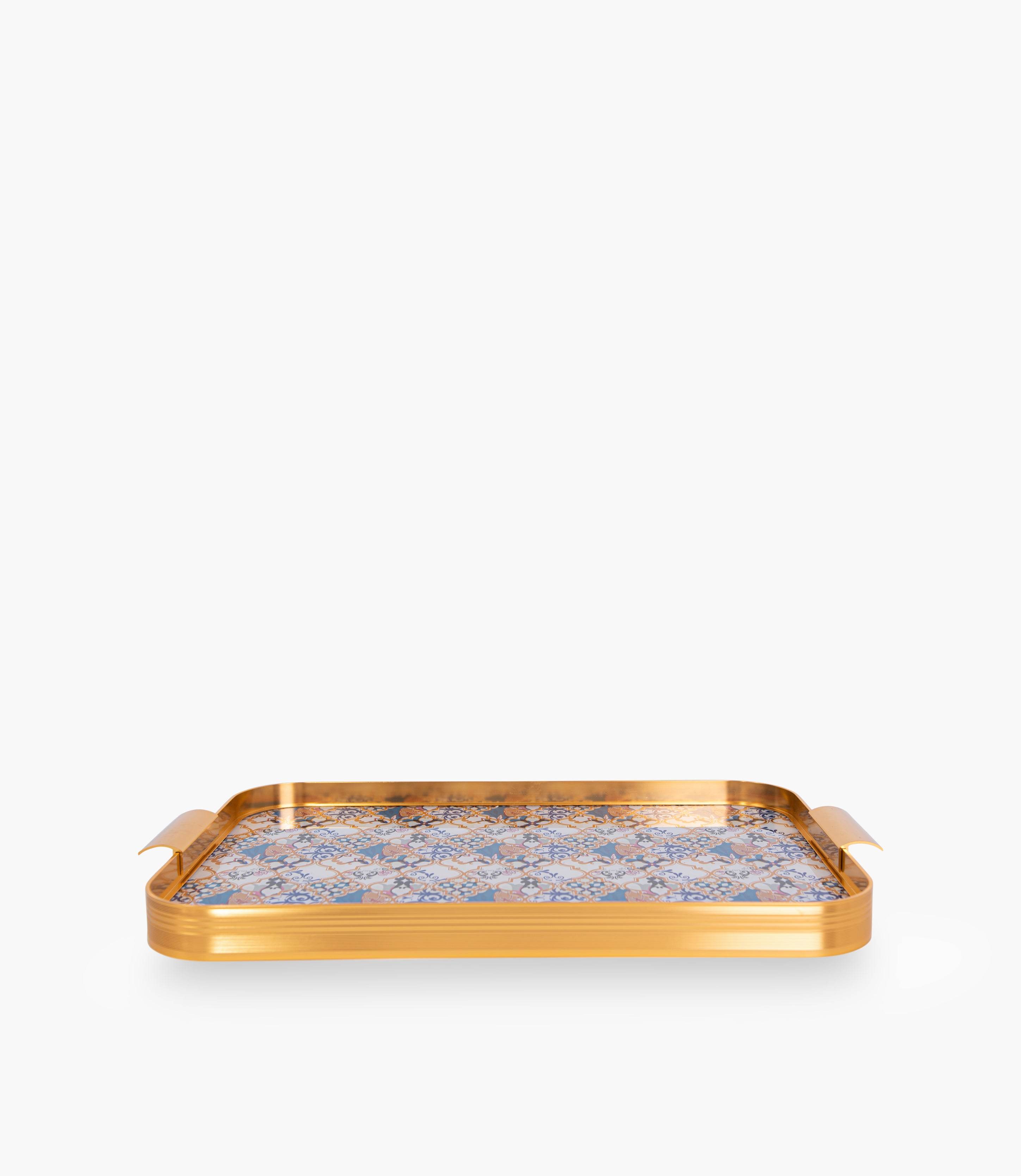 Blue Flower Gold Aluminum Frame Tray 54.5*34*4Cm
