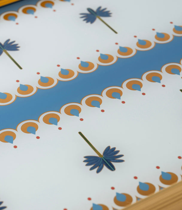 صينية بالمارا ألمنيوم برسوم نخيل زرقاء وإطار ذهبي