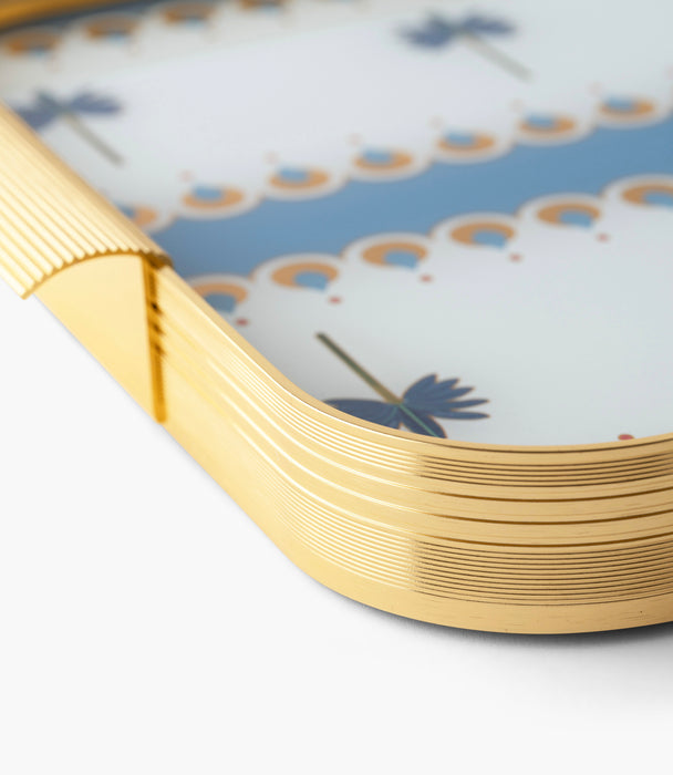 صينية بالمارا ألمنيوم برسوم نخيل زرقاء وإطار ذهبي