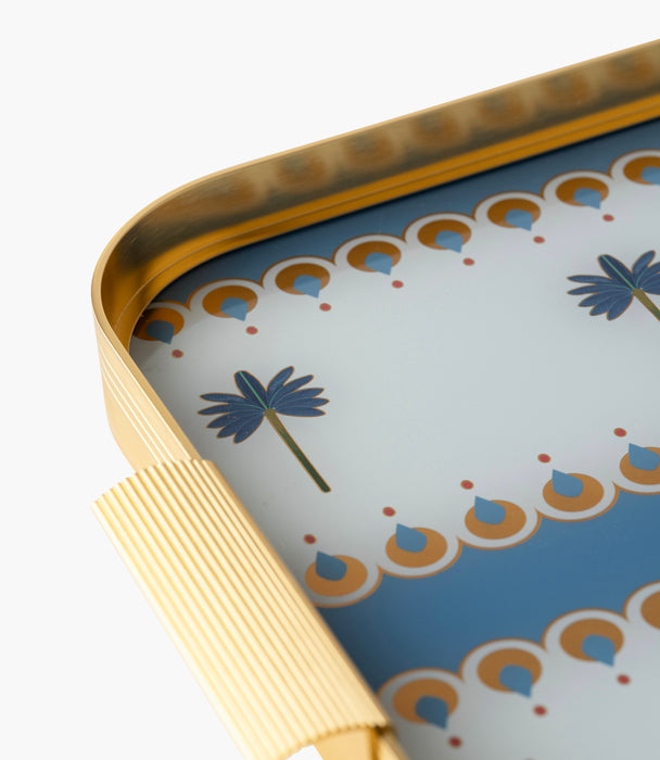 صينية بالمارا ألمنيوم برسوم نخيل زرقاء وإطار ذهبي