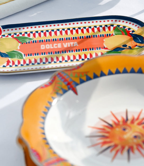 صينية بيضاوية دولتشي فيتا بورسلين ملوّنة برسمة ليمون