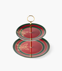 حامل كيك طبقتين واسيم بورسلين بزخارف خطوط كلاسيكية مع مقبض