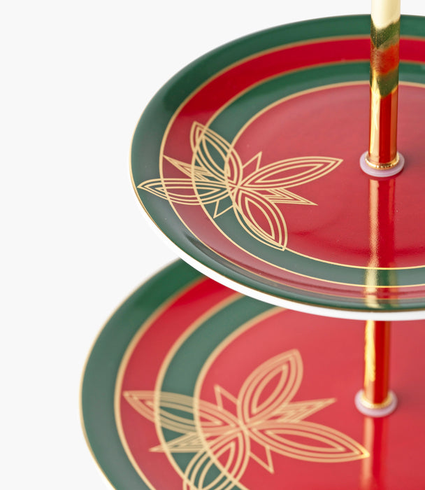 حامل كيك طبقتين واسيم بورسلين بزخارف خطوط كلاسيكية مع مقبض