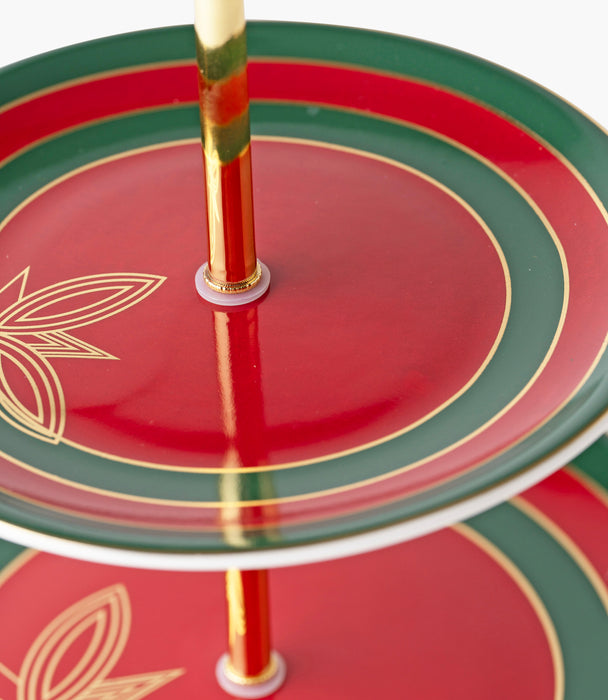 حامل كيك طبقتين واسيم بورسلين بزخارف خطوط كلاسيكية مع مقبض