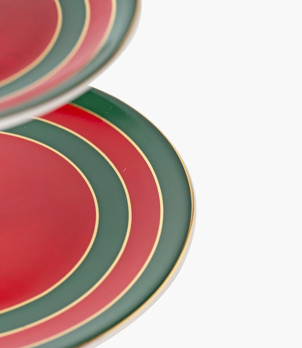 حامل كيك طبقتين واسيم بورسلين بزخارف خطوط كلاسيكية مع مقبض