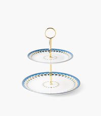 حامل كيك طبقتين بالمارا بورسلين بزخرفة زرقاء مع مقبض ذهبي