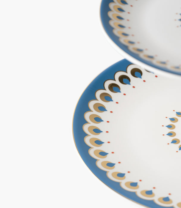 حامل كيك طبقتين بالمارا بورسلين بزخرفة زرقاء مع مقبض ذهبي