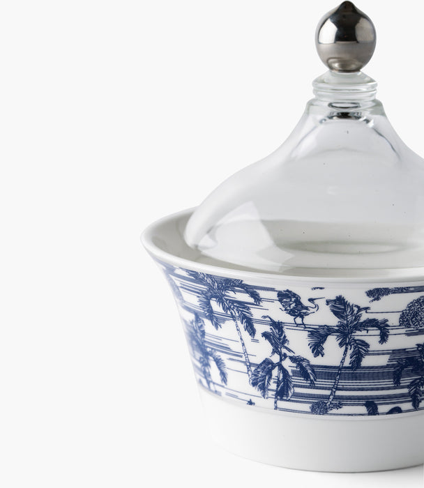 سلطانية تمر فواياج بورسلين بزخرفة نباتية مع غطاء زجاجي