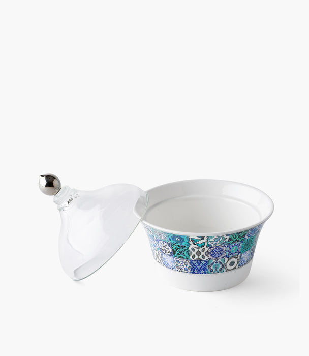 سلطانية تمر بلو تايلز بورسلين بزخارف ملونة مع غطاء زجاجي