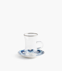 Naqsh Blue Plain Glass Teacup with Silver Line w/ Porcelain