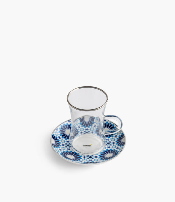 Naqsh Blue Plain Glass Teacup with Silver Line w/ Porcelain