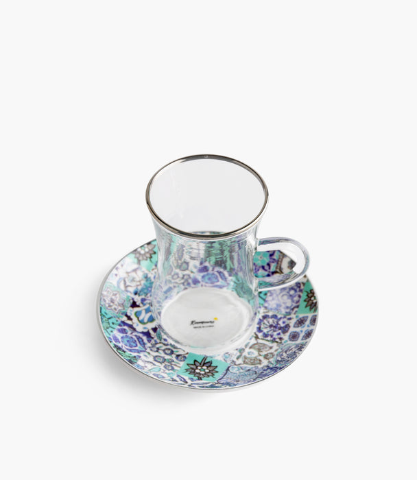 طقم فناجين شاي بلو تايلز زجاج مع صحون بورسلين مزخرف - عدد 12