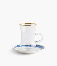 طقم أكواب شاي زجاجية شرق مع صحون خزف صيني - عدد 12