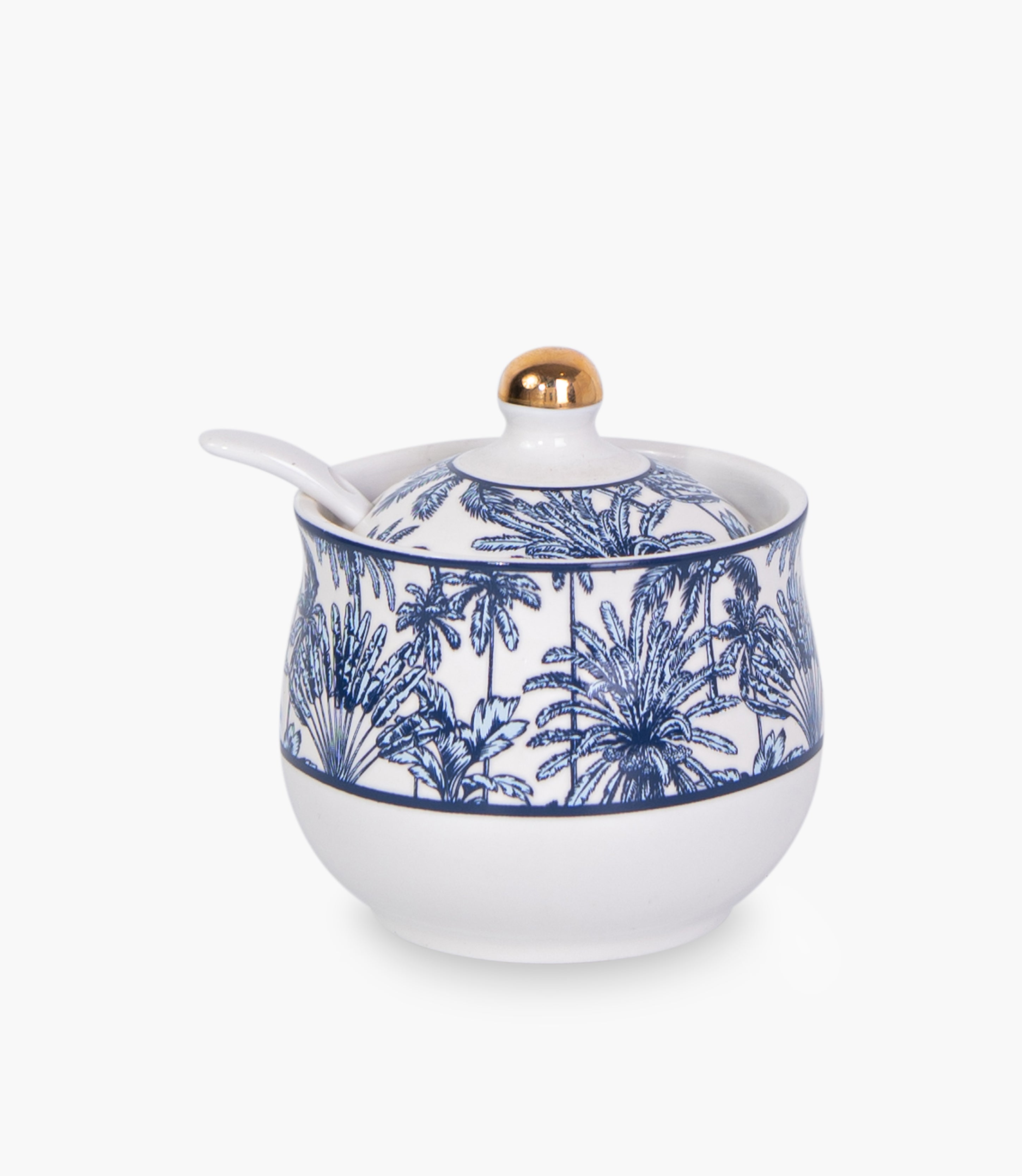 Summer Palm - White Covered Porcelain Sugar Bowl w/ Spoon