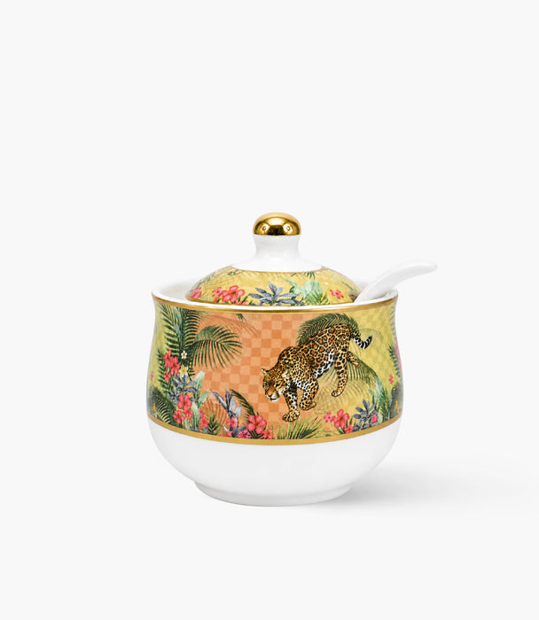 Leopard Covered Porcelain Sugar Bowl w/ Spoon
