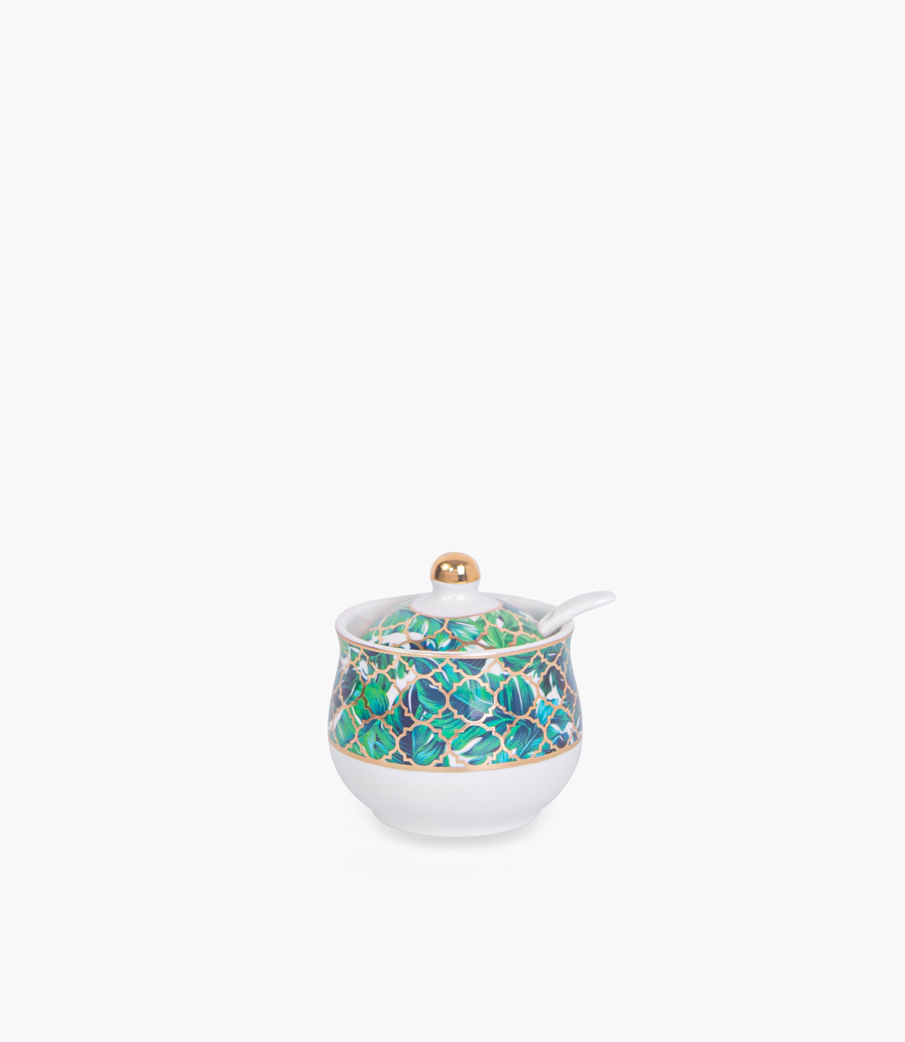 Amazonia Green Gold Covered Porcelain Sugar Bowl w/ Spoon