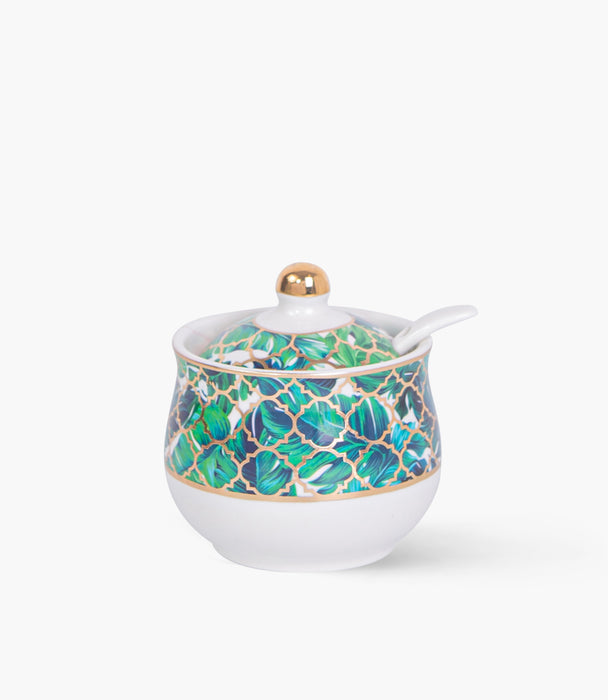 Amazonia Green Gold Covered Porcelain Sugar Bowl w/ Spoon