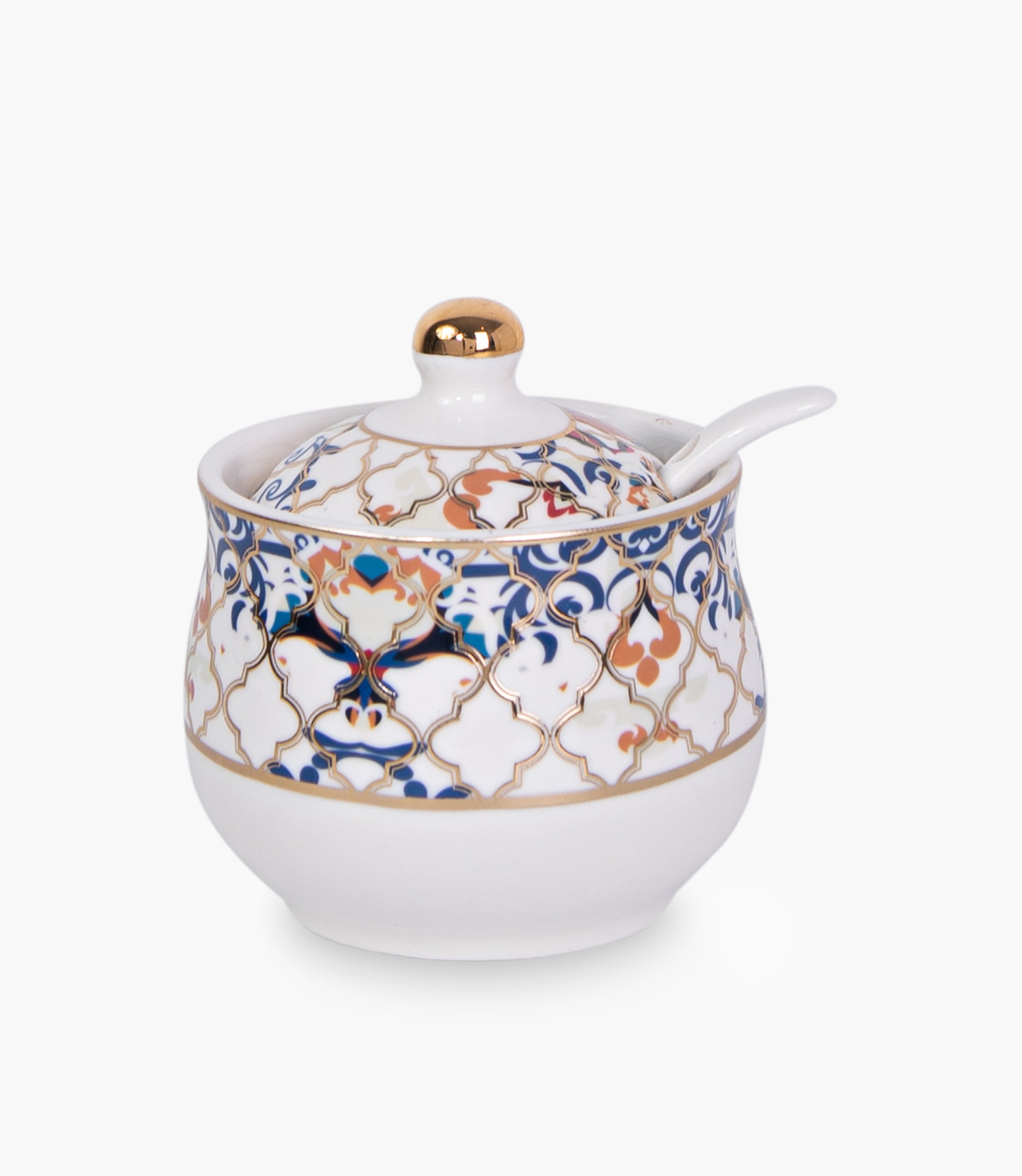 Blue Flower Gold Covered Porcelain Sugar Bowl w/ Spoon