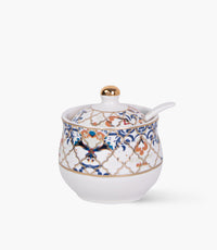Blue Flower Gold Covered Porcelain Sugar Bowl w/ Spoon