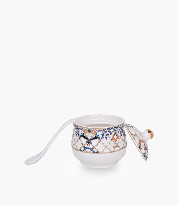 Blue Flower Gold Covered Porcelain Sugar Bowl w/ Spoon