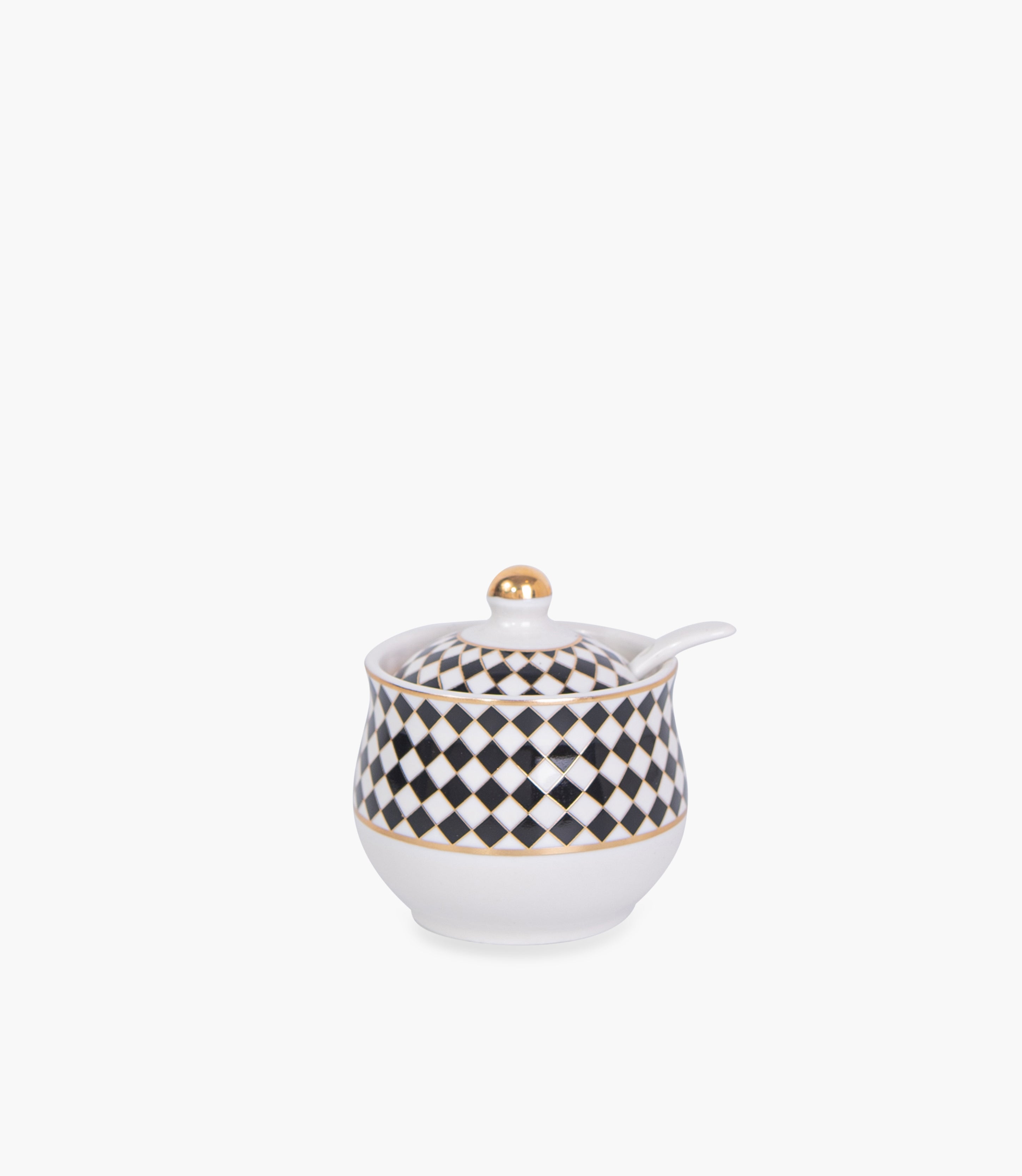 Circus Black&White/Gold Covered Porcelain Sugar Bowl w/ Spoo