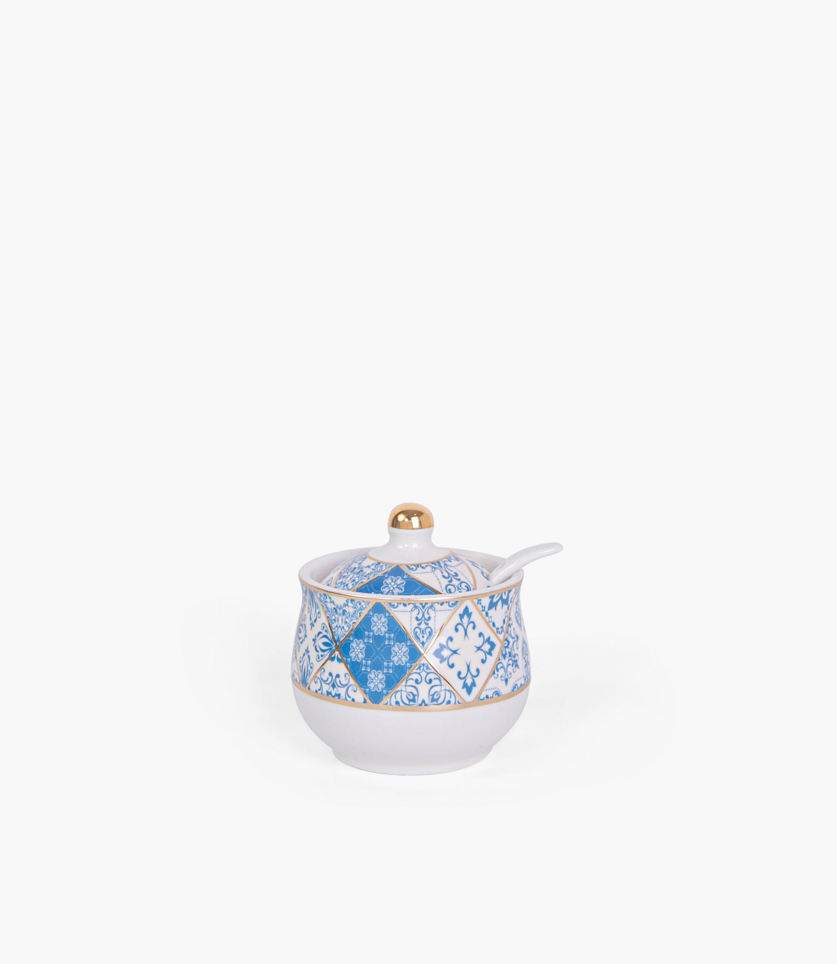 Blue Gold Covered Porcelain Sugar Bowl w/ Spoon